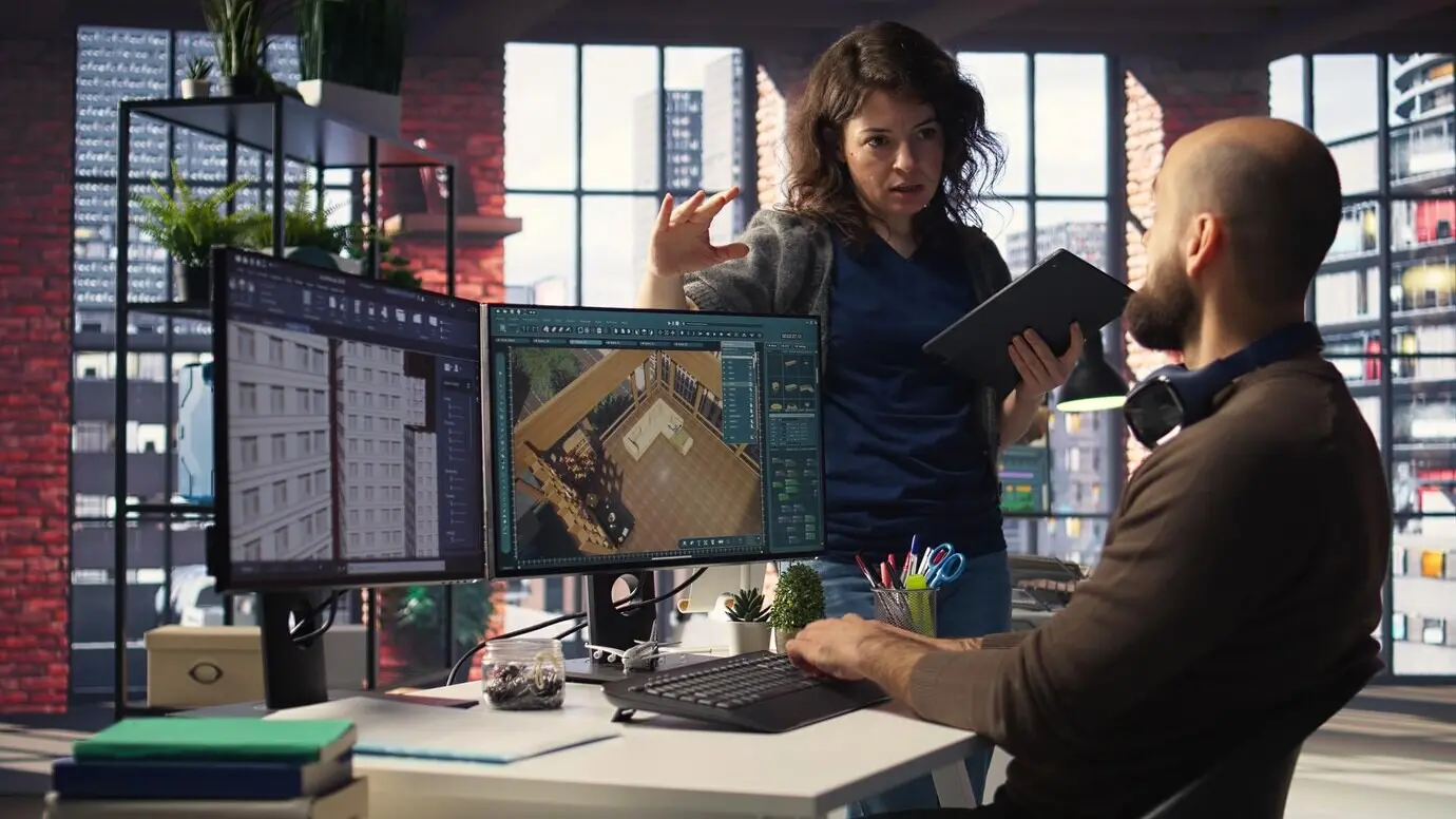 Un team di progettazione architettonica configura una planimetria su due monitor.